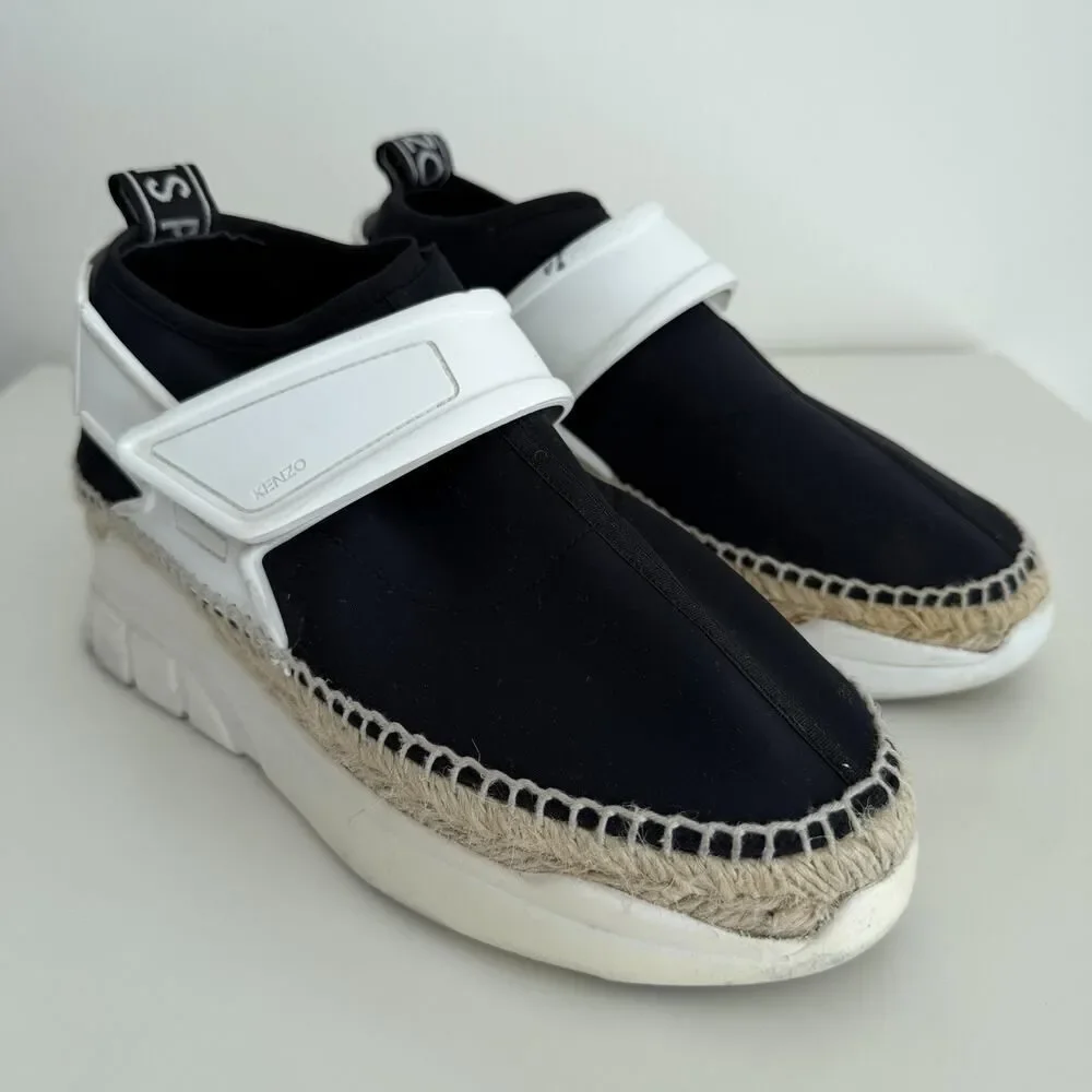 Kenzo Espadrille Sneakers Womens 8.5 EU 39 Black White Platform Rope Slip On